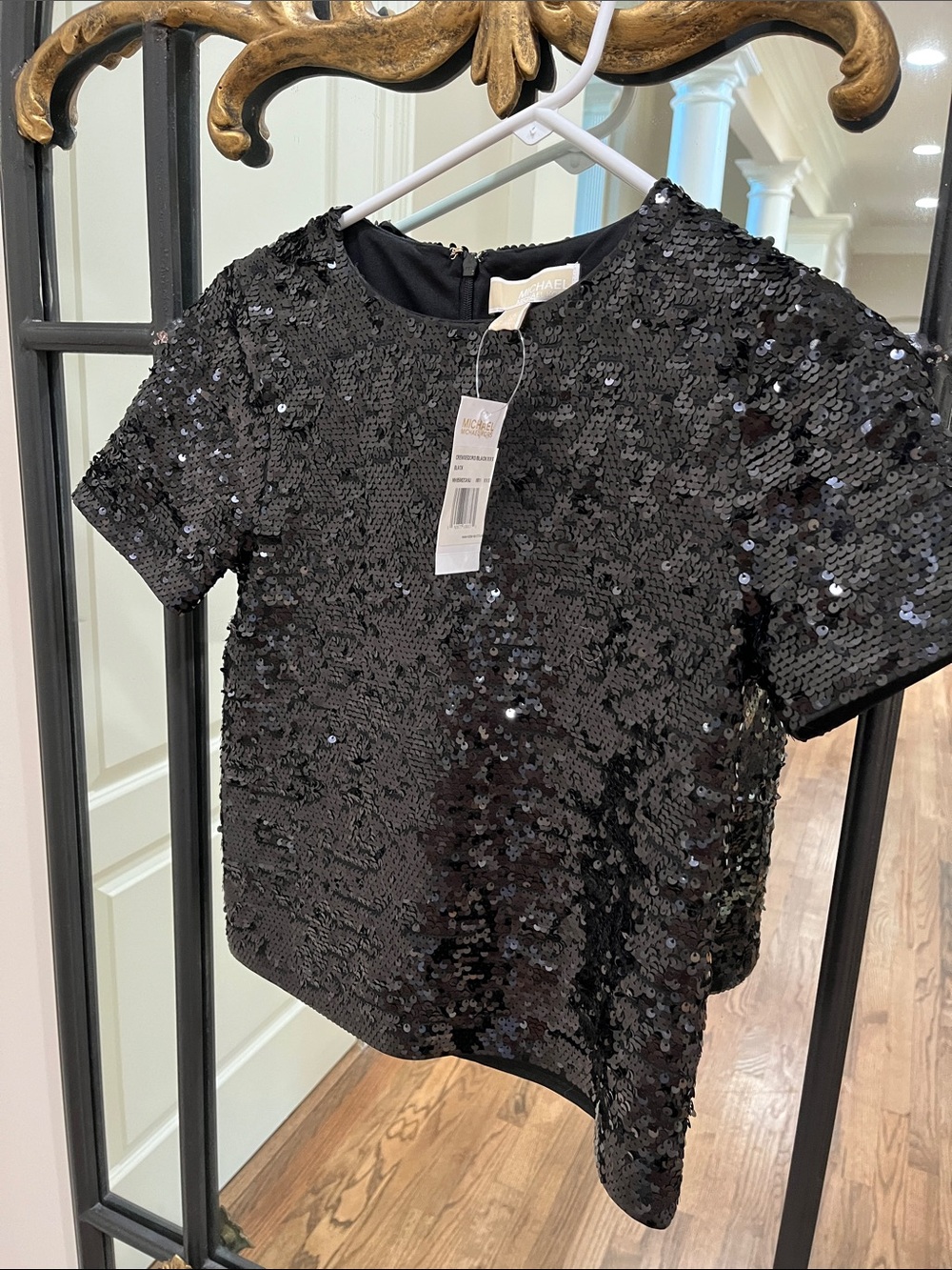 MICHAEL Michael Kors Black Sequin Short-Sleeve Crop Top